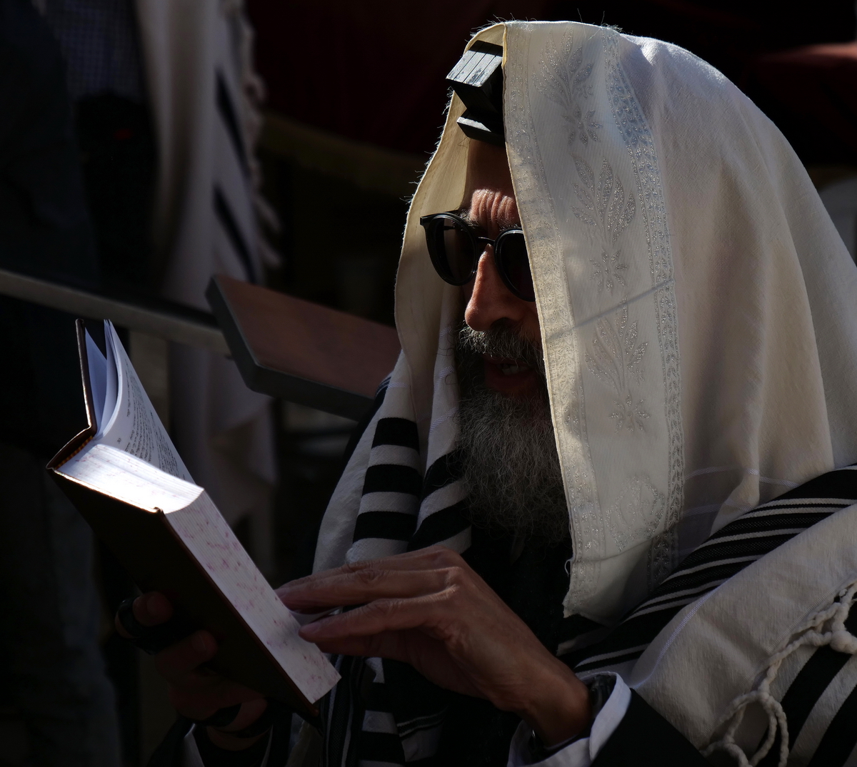 手捧经书低声祷告的犹太人。